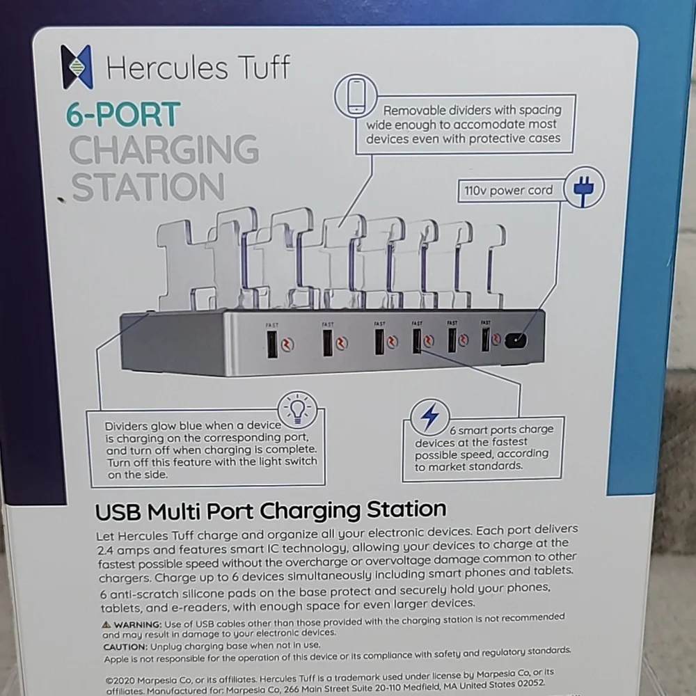 Hercules Tuff Charging Station for Multiple Devices, with 6 USB Ports Silver NWT